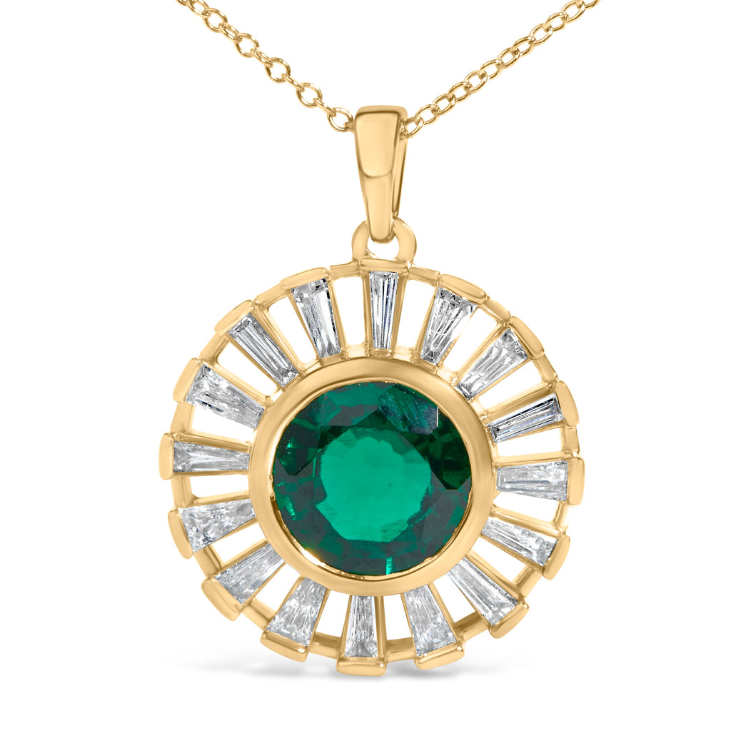 14K Yellow Gold Plated Sterling Silver Lab Grown Emerald and Baguette Diamond Sunburst Medallion Pendant Necklace