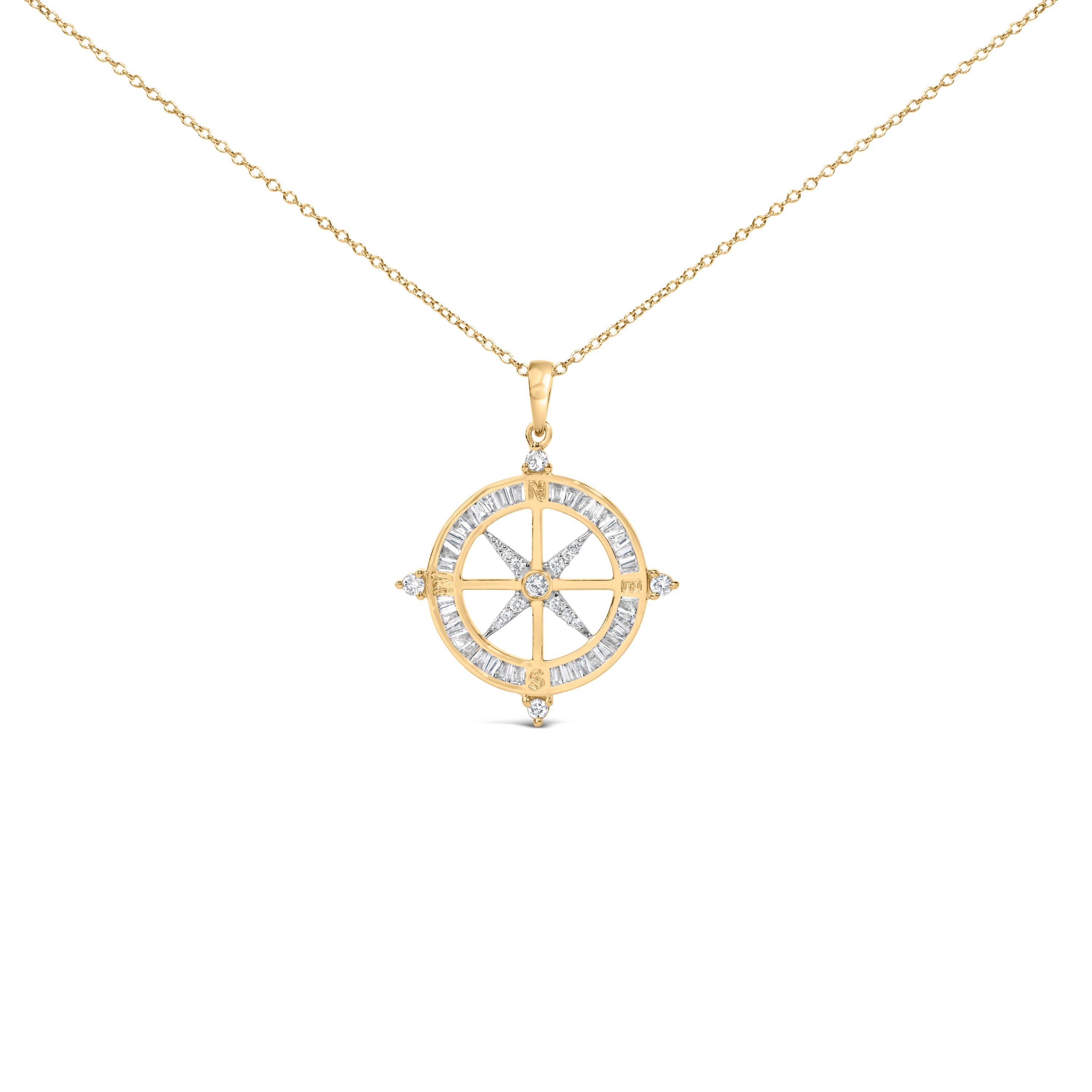 14K Yellow Gold Plated Sterling Silver 3/4 Cttw Diamond Compass Medallion Pendant Necklace