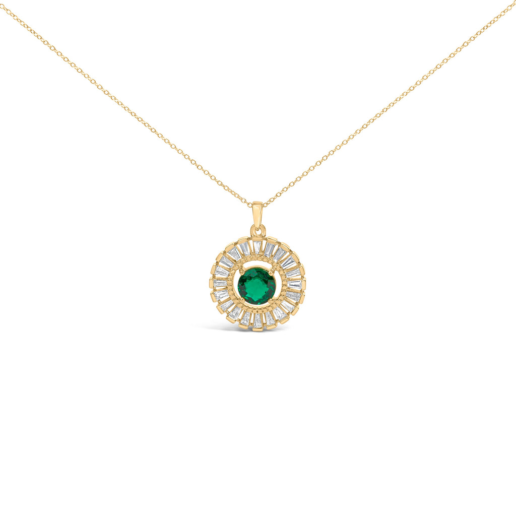 14K Yellow Gold Plated Silver Lab Grown Emerald and Diamond Sunburst Medallion Pendant Necklace