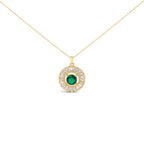 14K Yellow Gold Plated Silver Lab Grown Emerald and Diamond Sunburst Medallion Pendant Necklace