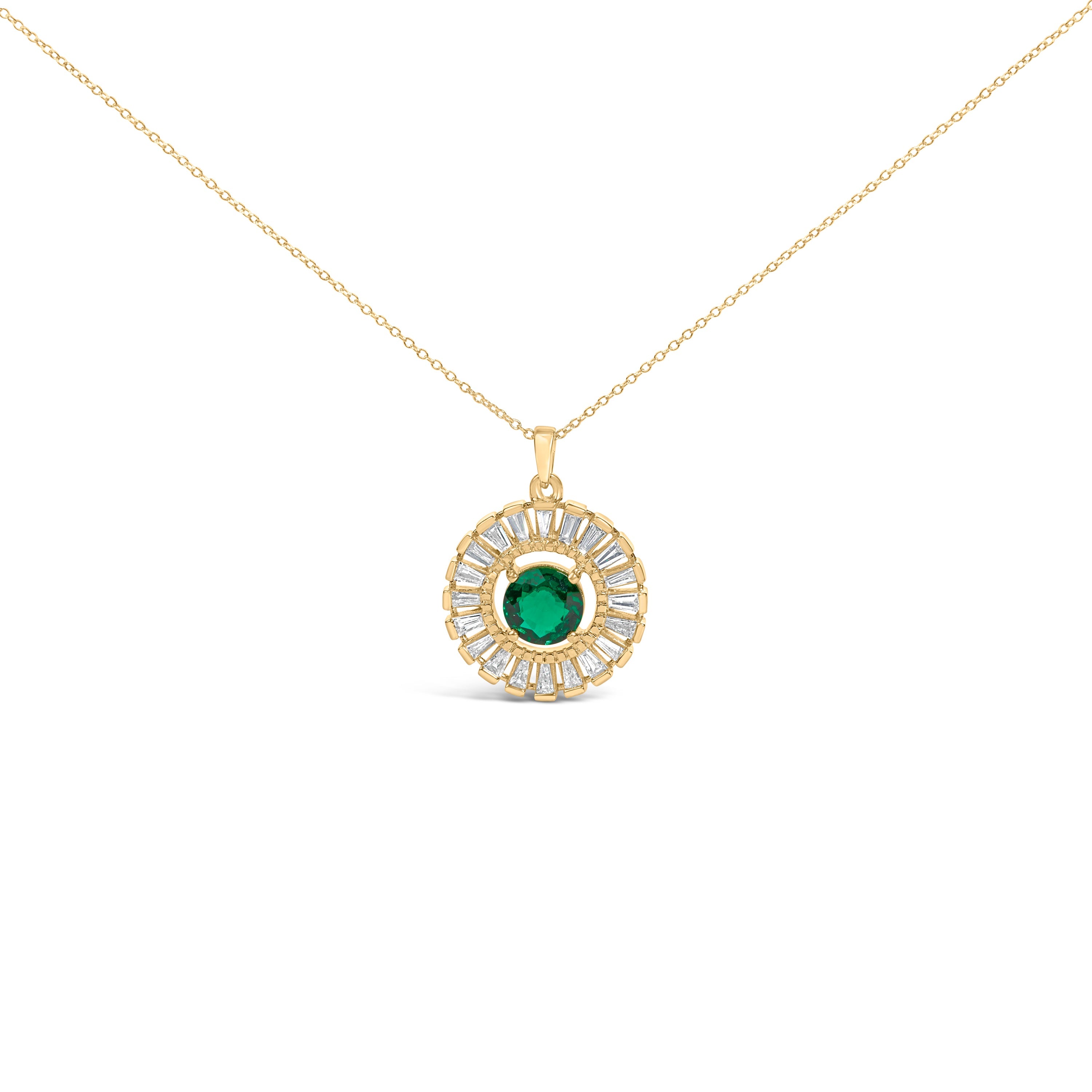 14K Yellow Gold Plated Silver Lab Grown Emerald and Diamond Sunburst Medallion Pendant Necklace