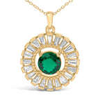 14K Yellow Gold Plated Silver Lab Grown Emerald and Diamond Sunburst Medallion Pendant Necklace