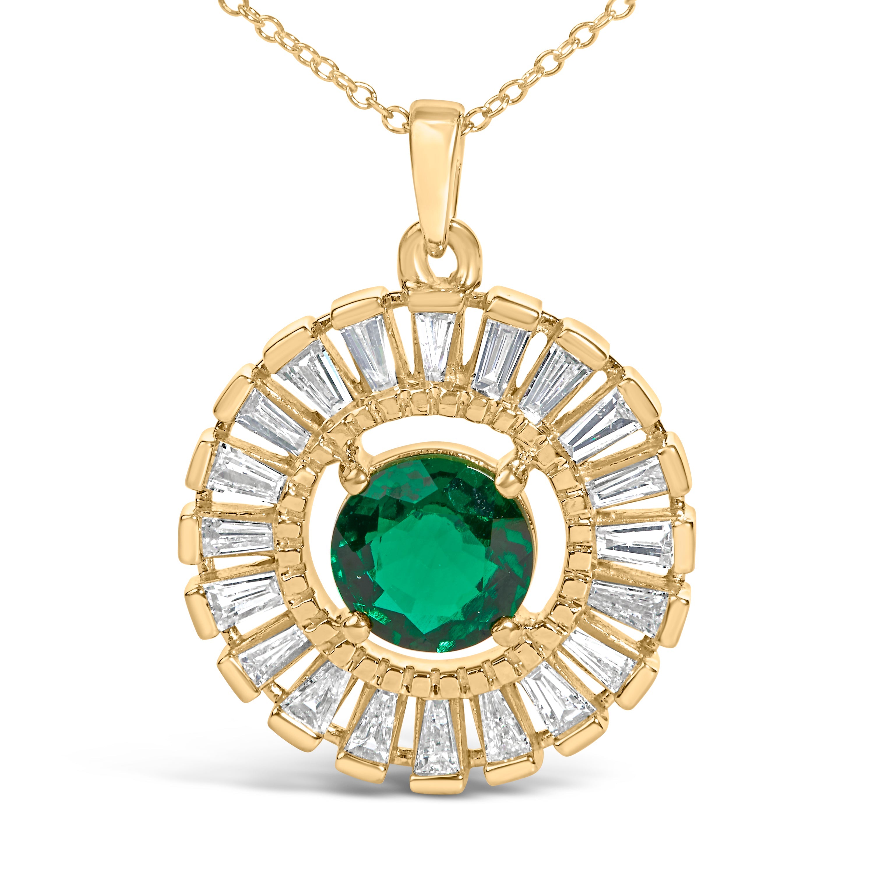 14K Yellow Gold Plated Silver Lab Grown Emerald and Diamond Sunburst Medallion Pendant Necklace
