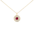 14K Yellow Gold Plated Sterling Silver Lab Grown Ruby and Diamond Medallion Pendant Necklace