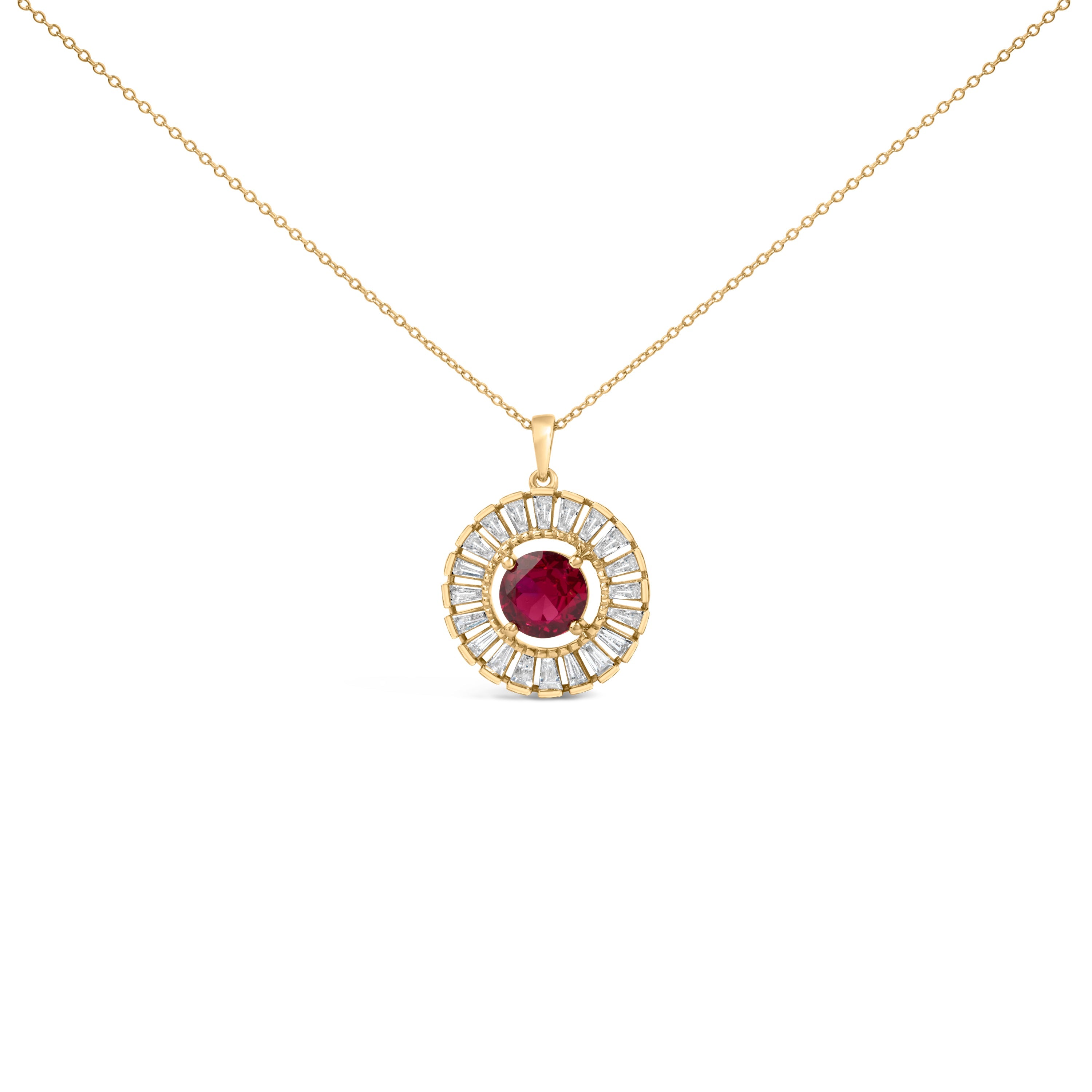 14K Yellow Gold Plated Sterling Silver Lab Grown Ruby and Diamond Medallion Pendant Necklace
