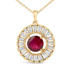 14K Yellow Gold Plated Sterling Silver Lab Grown Ruby and Diamond Medallion Pendant Necklace