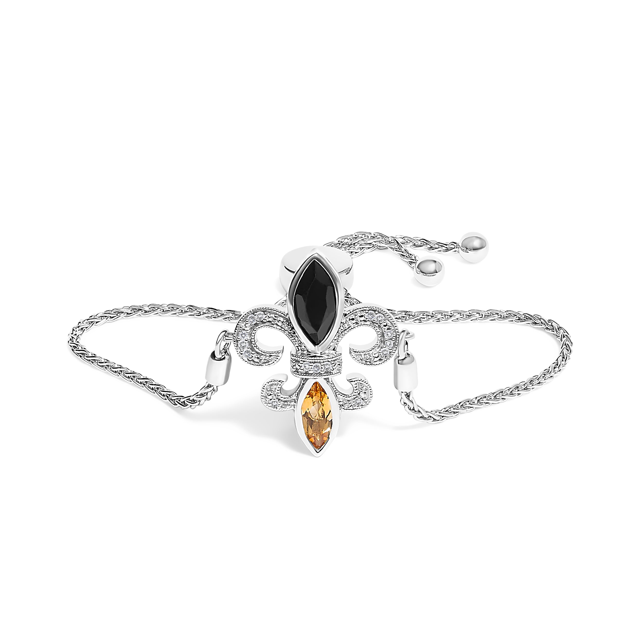 .925 Sterling Silver Marquise Black Onyx, Orange Citrine, and Diamond Accent Lariat 4"-10" Fleur De Lis Adjustable Bolo Bracelet (I-J Color, I1-I2 Clarity) - 7"