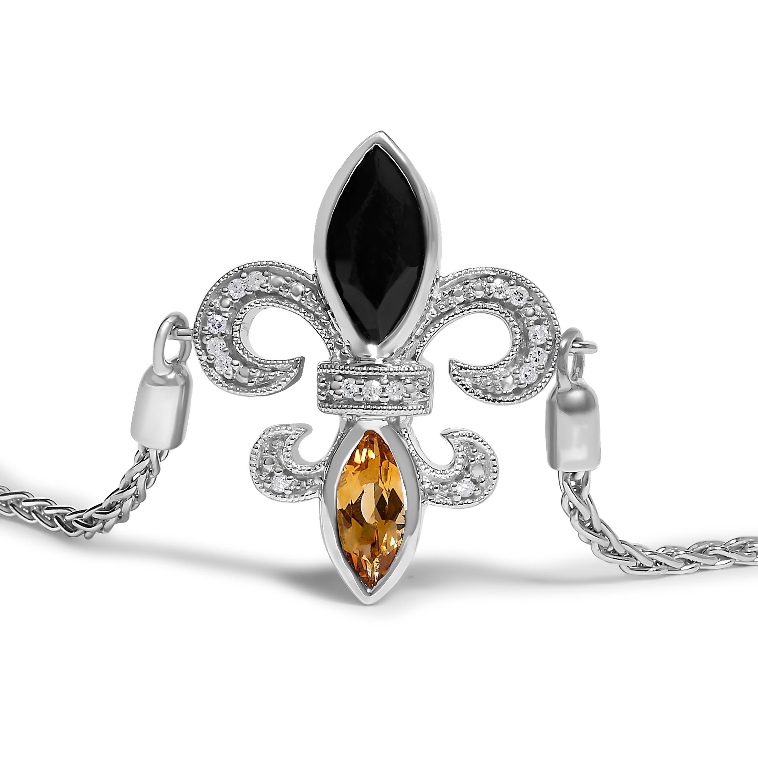 .925 Sterling Silver Marquise Black Onyx, Orange Citrine, and Diamond Accent Lariat 4"-10" Fleur De Lis Adjustable Bolo Bracelet (I-J Color, I1-I2 Clarity) - 7"
