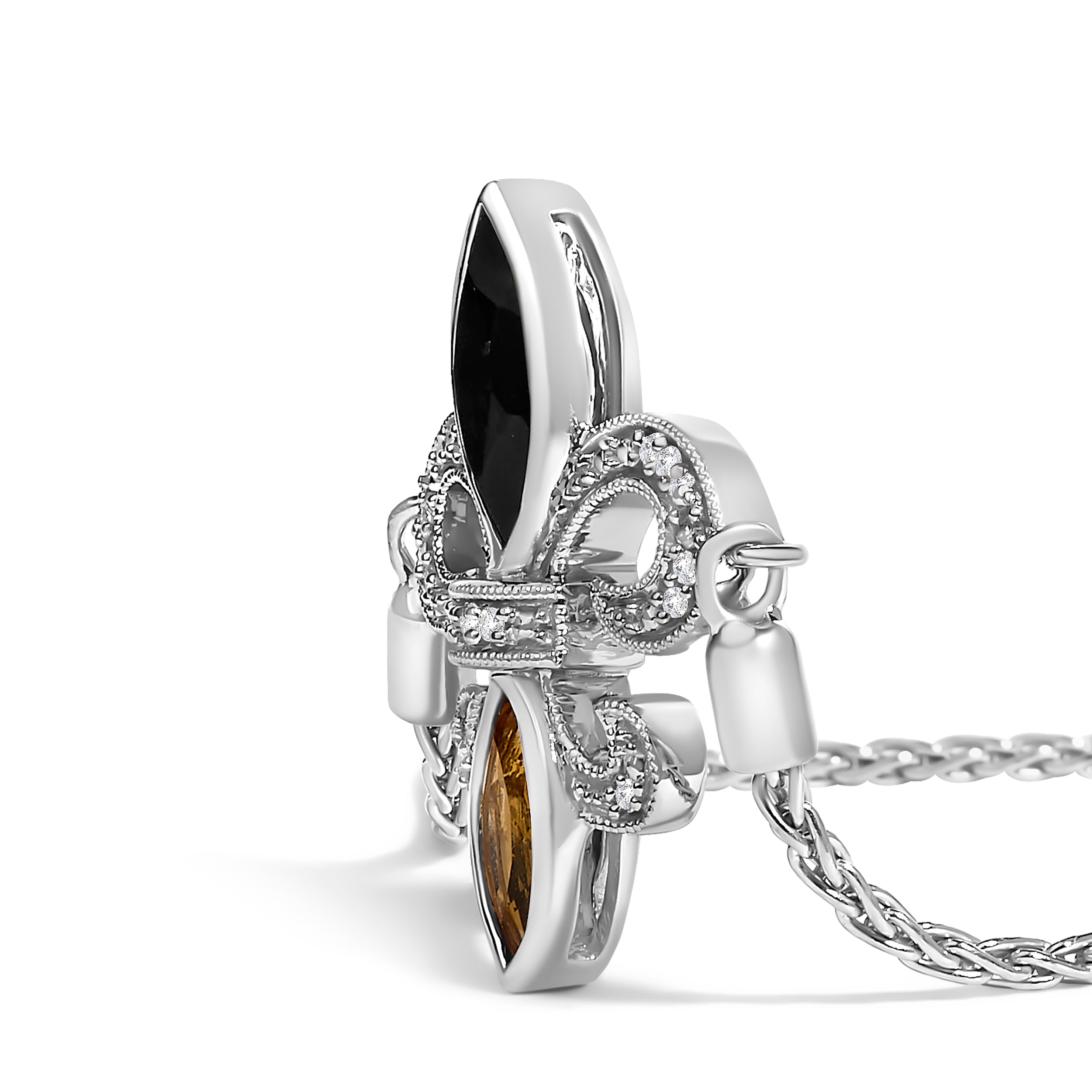 .925 Sterling Silver Marquise Black Onyx, Orange Citrine, and Diamond Accent Lariat 4"-10" Fleur De Lis Adjustable Bolo Bracelet (I-J Color, I1-I2 Clarity) - 7"