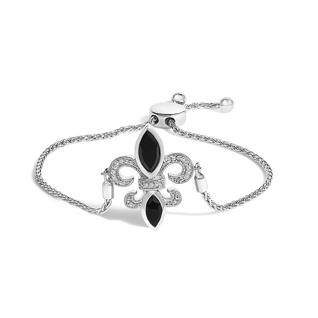 .925 Sterling Silver Marquise Black Onyx and Diamond Accent Lariat 4"-10" Fleur De Lis Adjustable Bolo Bracelet (I-J Color, I1-I2 Clarity)