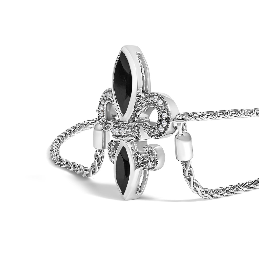 .925 Sterling Silver Marquise Black Onyx and Diamond Accent Lariat 4"-10" Fleur De Lis Adjustable Bolo Bracelet (I-J Color, I1-I2 Clarity)
