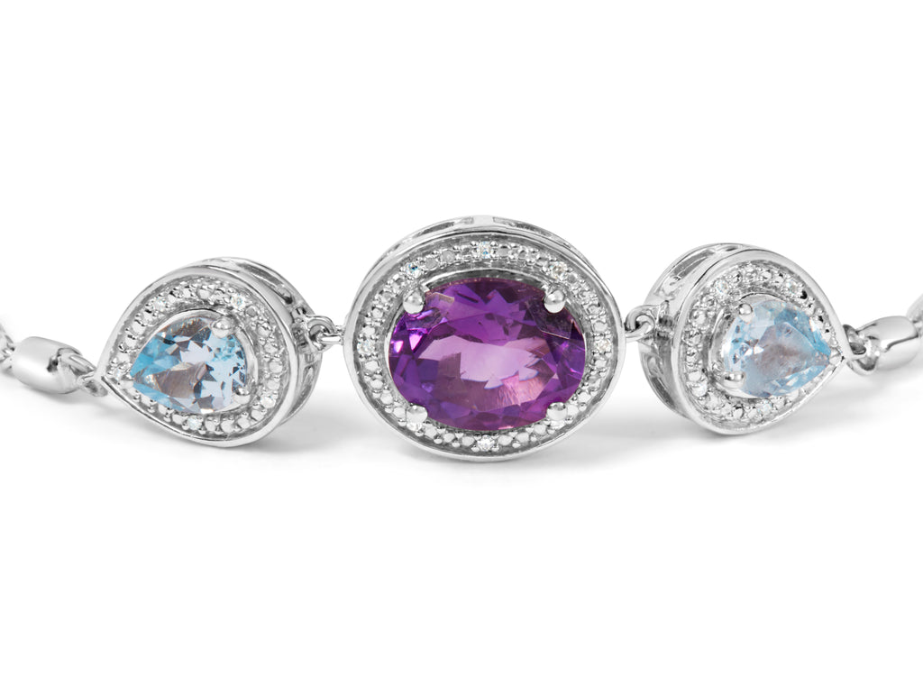 .925 Sterling Silver Oval Amethyst and Pear Blue Topaz with Diamond Accent Lariat 4"-10" Adjustable Bolo Bracelet (H-I Color, SI1-SI2 Clarity)