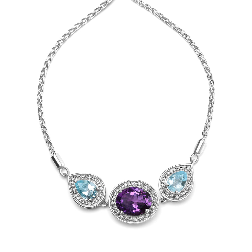 .925 Sterling Silver Oval Amethyst and Pear Blue Topaz with Diamond Accent Lariat 4"-10" Adjustable Bolo Bracelet (H-I Color, SI1-SI2 Clarity)