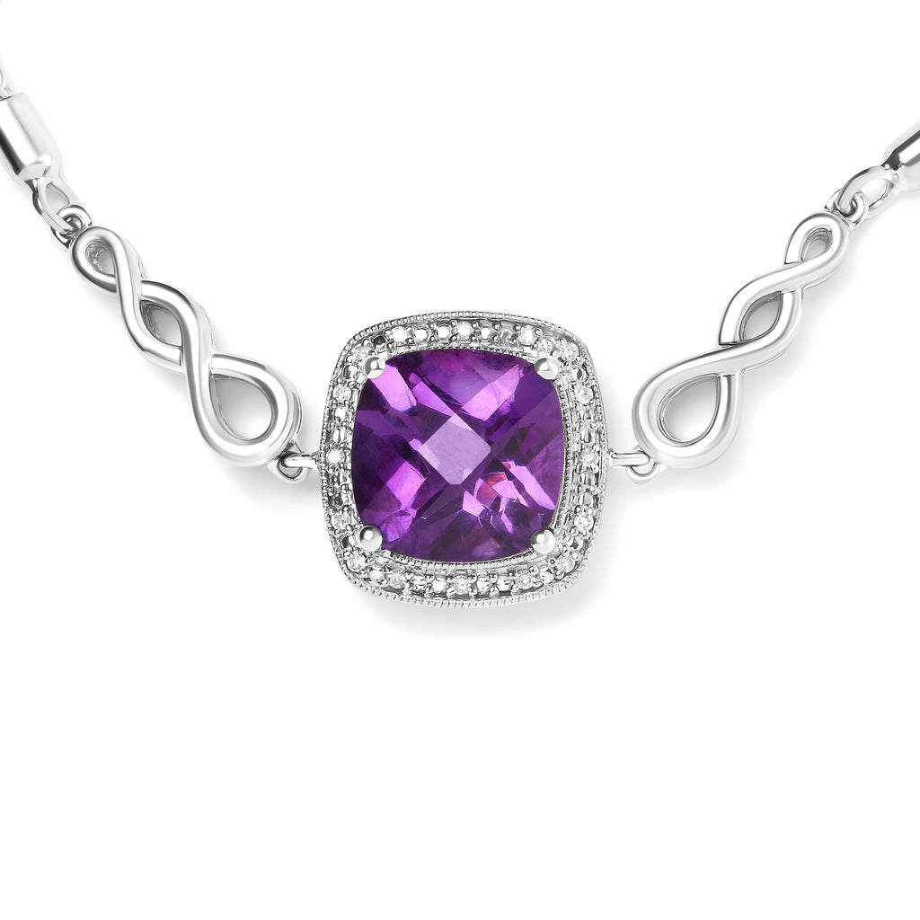 .925 Sterling Silver 10mm Cushion Cut Amethyst Gemstone and Diamond Accent Lariat 4"-10" Adjustable Bolo Bracelet (H-I Color, SI1-SI2 Clarity)