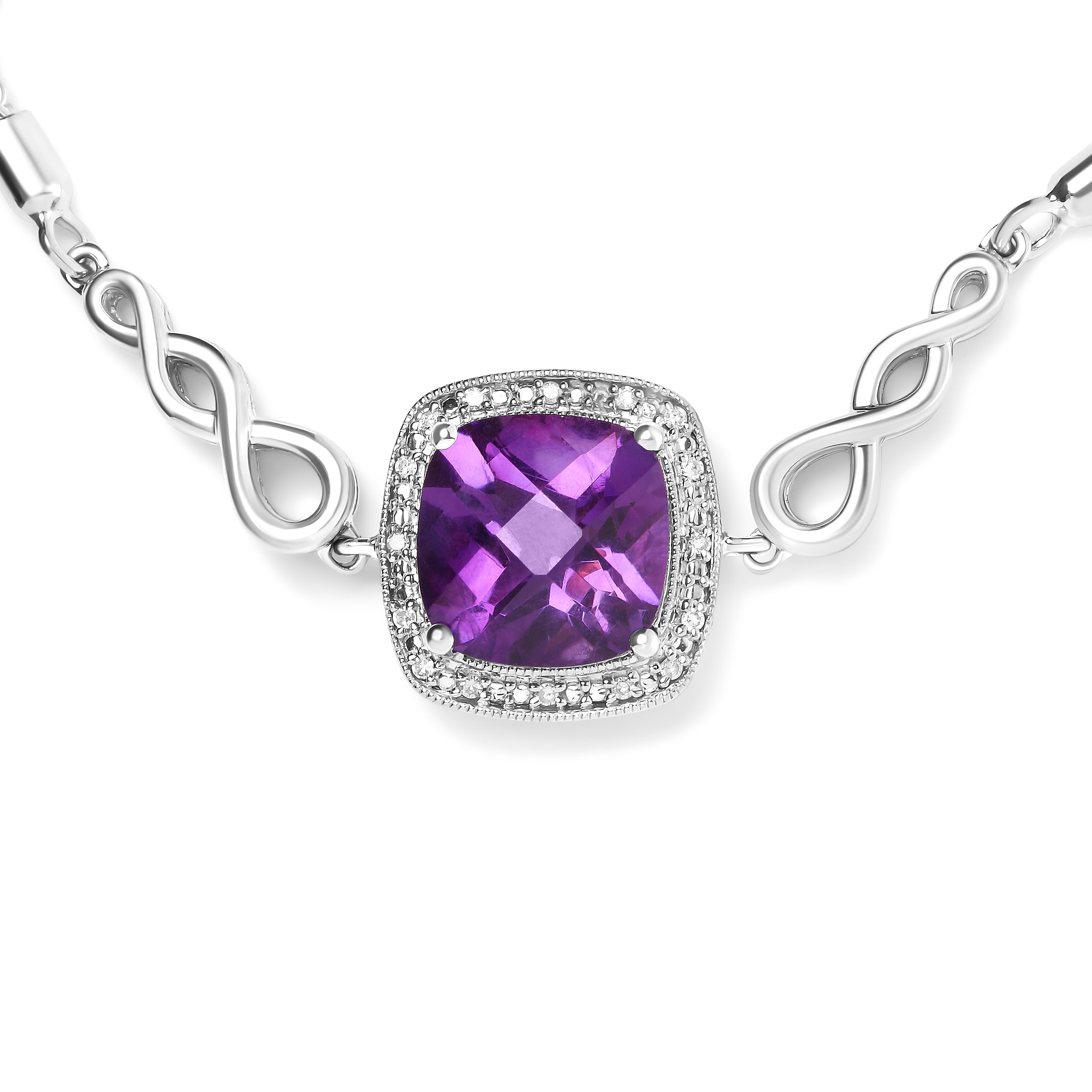.925 Sterling Silver 10mm Cushion Cut Amethyst Gemstone and Diamond Accent Lariat 4"-10" Adjustable Bolo Bracelet (H-I Color, SI1-SI2 Clarity)