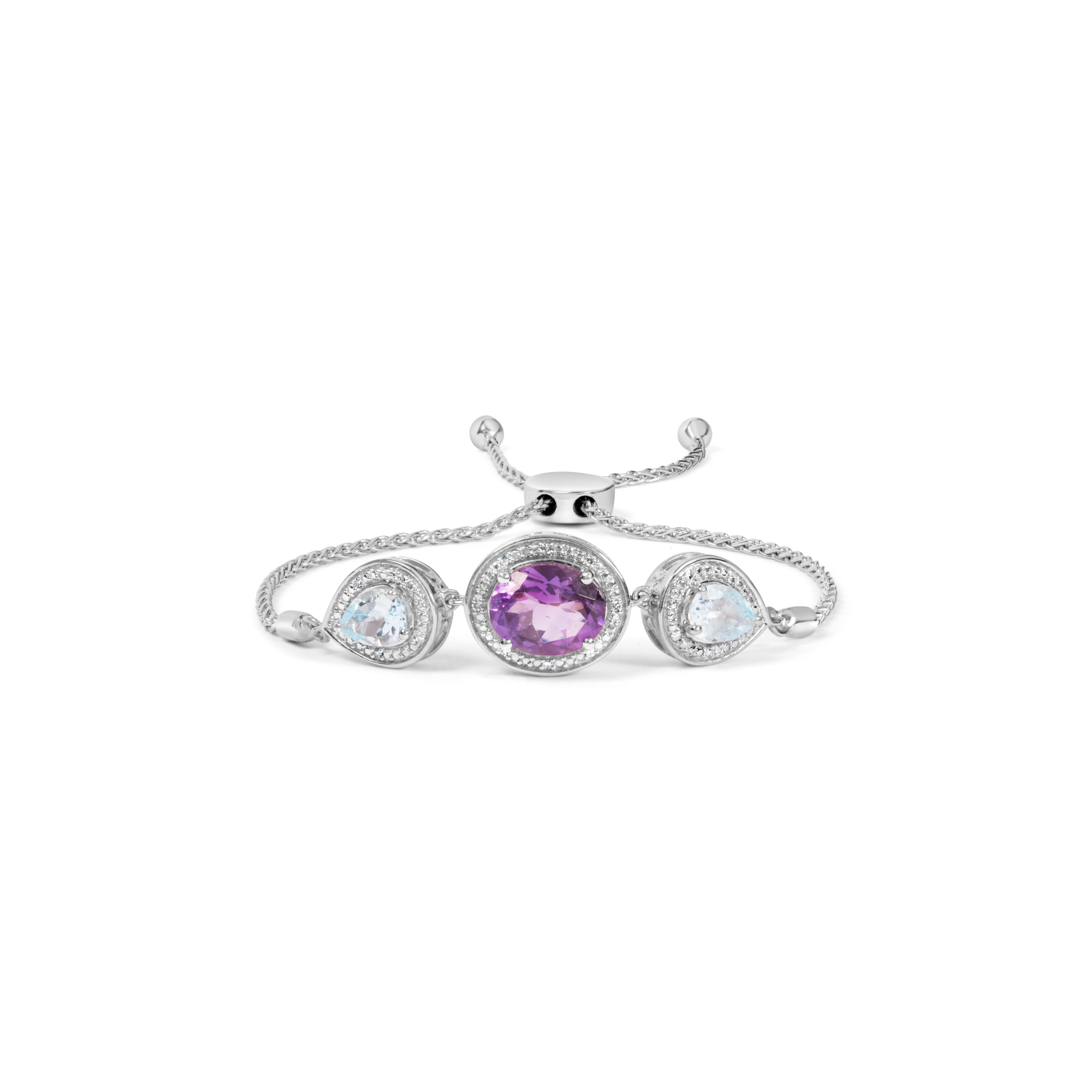 .925 Sterling Silver Oval Amethyst and Pear Blue Topaz with Diamond Accent Lariat 4"-10" Adjustable Bolo Bracelet (H-I Color, SI1-SI2 Clarity)