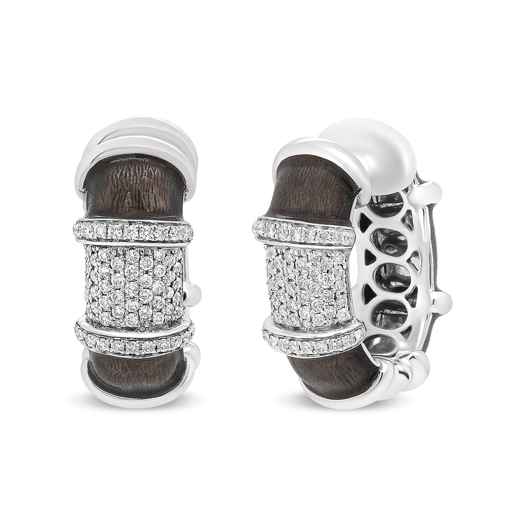 18K White Gold Flash Plated .925 Sterling Silver Clear Graphite Grey Enamel 5/8 Carat Total Weight Round Diamonds Huggie Hoop Earrings (F-G Color, VS1-VS2 Clarity)