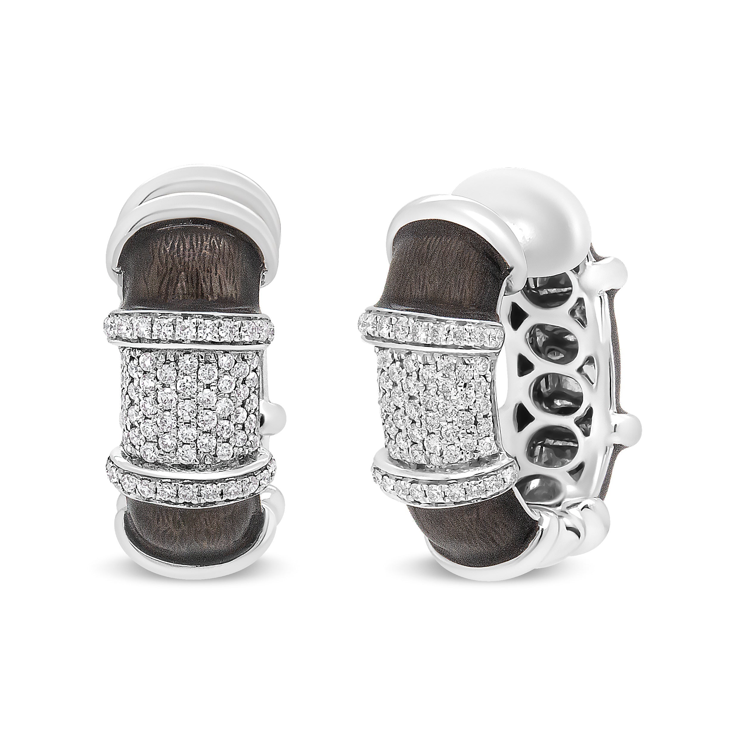 18K White Gold Flash Plated .925 Sterling Silver Clear Graphite Grey Enamel 5/8 Carat Total Weight Round Diamonds Huggie Hoop Earrings (F-G Color, VS1-VS2 Clarity)