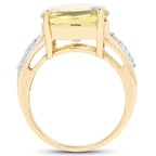 14K Yellow Gold Plated 9.26 Carat Genuine Lemon Topaz Buff Top and White Diamond Brass Ring