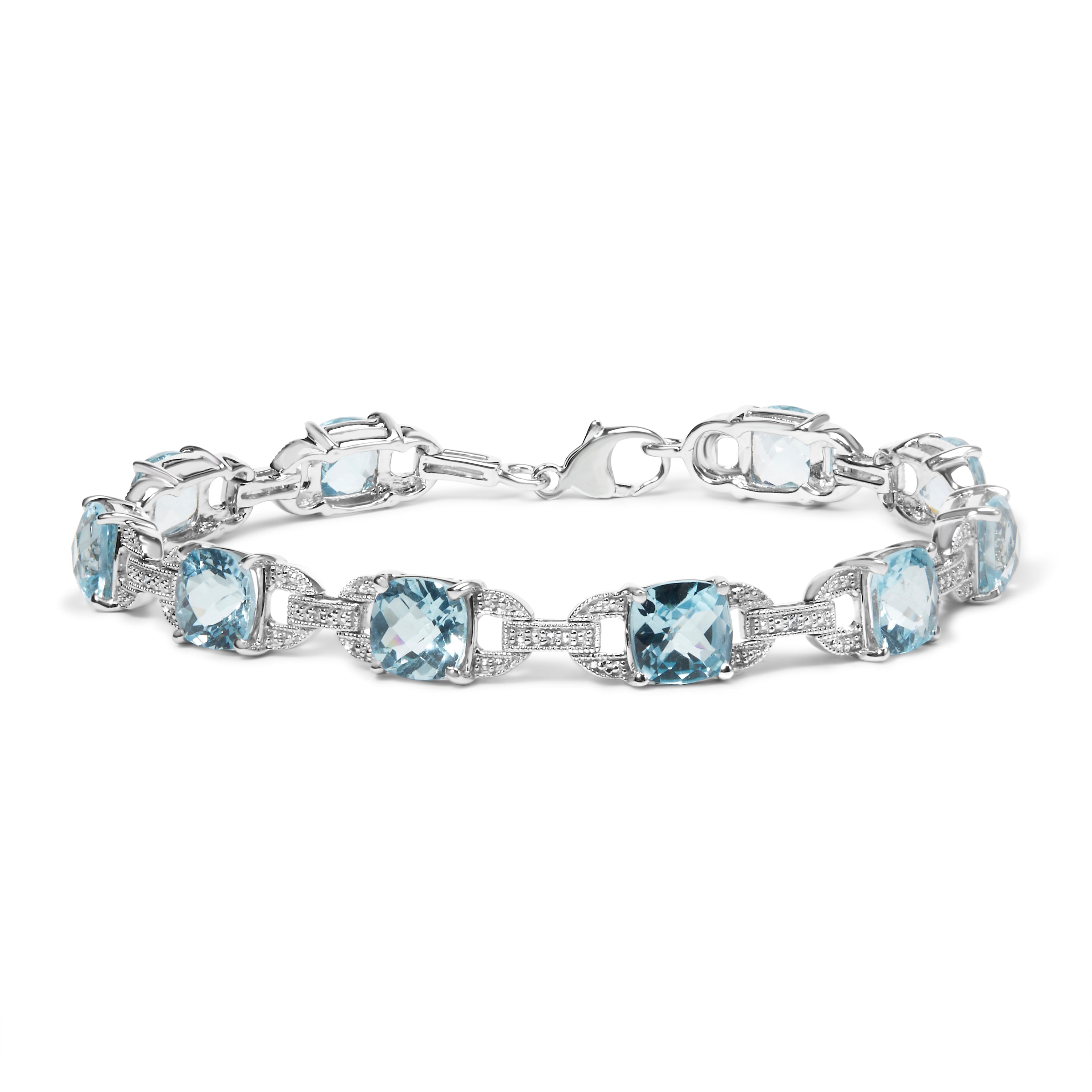 .925 Sterling Silver 7x7 mm Cushion Cut Blue Topaz and 1/20 cttw Round Cut Diamond Fashion Tennis Bracelet (I-J Color, I1-I2 Clarity) - 7"