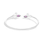 .925 Sterling Silver 8X4MM Marquise Purple Amethyst and Diamond Accent Fleur Di Lis Open Cuff Bangle (I-J Color, I1-I2 Clarity) - 7"