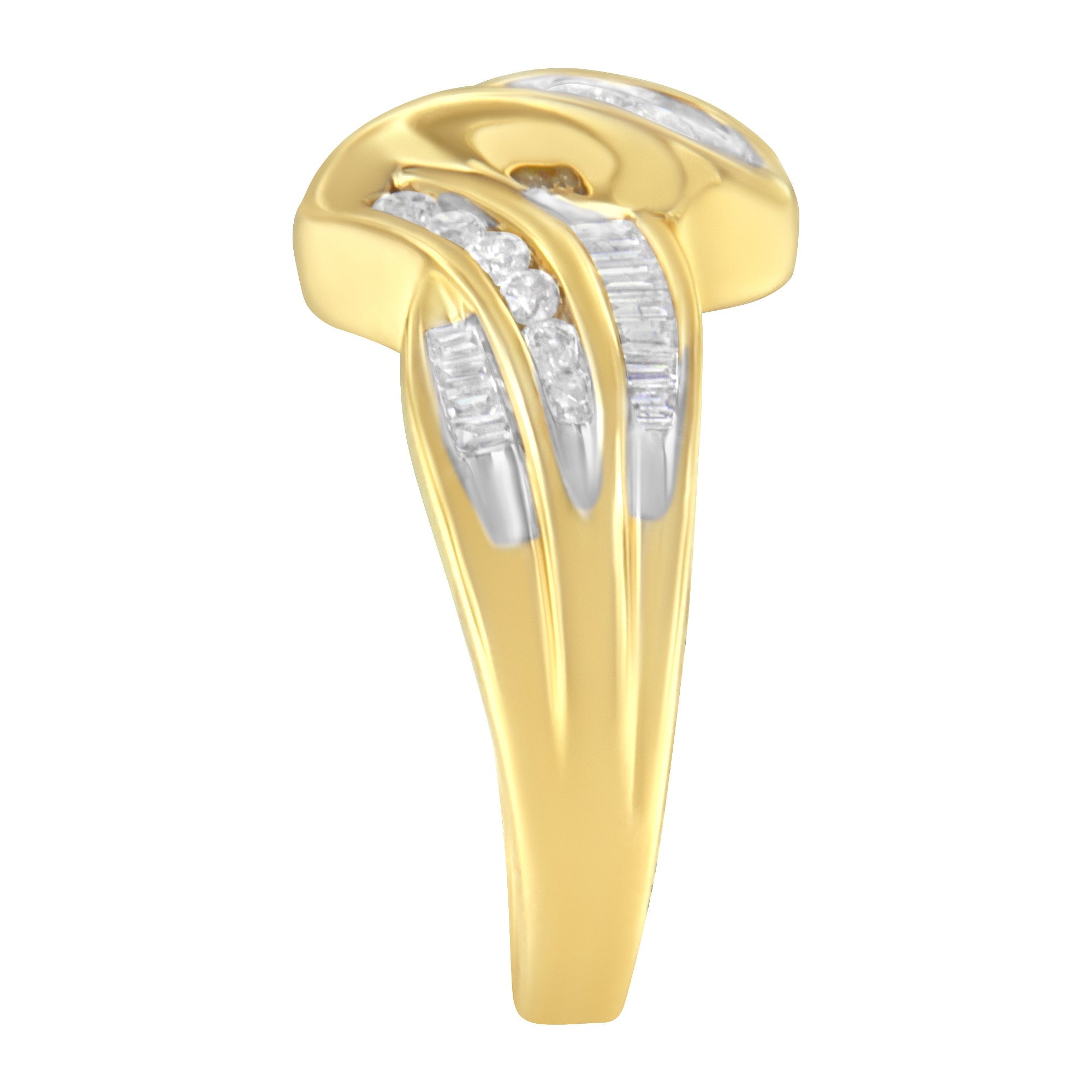 10K Yellow Gold 3/4 Carat Total Weight Channel Set Round and Baguette-cut Diamond Double Shank Bypass Ring (J-K Color, I1-I2 Clarity) - Size 6.75