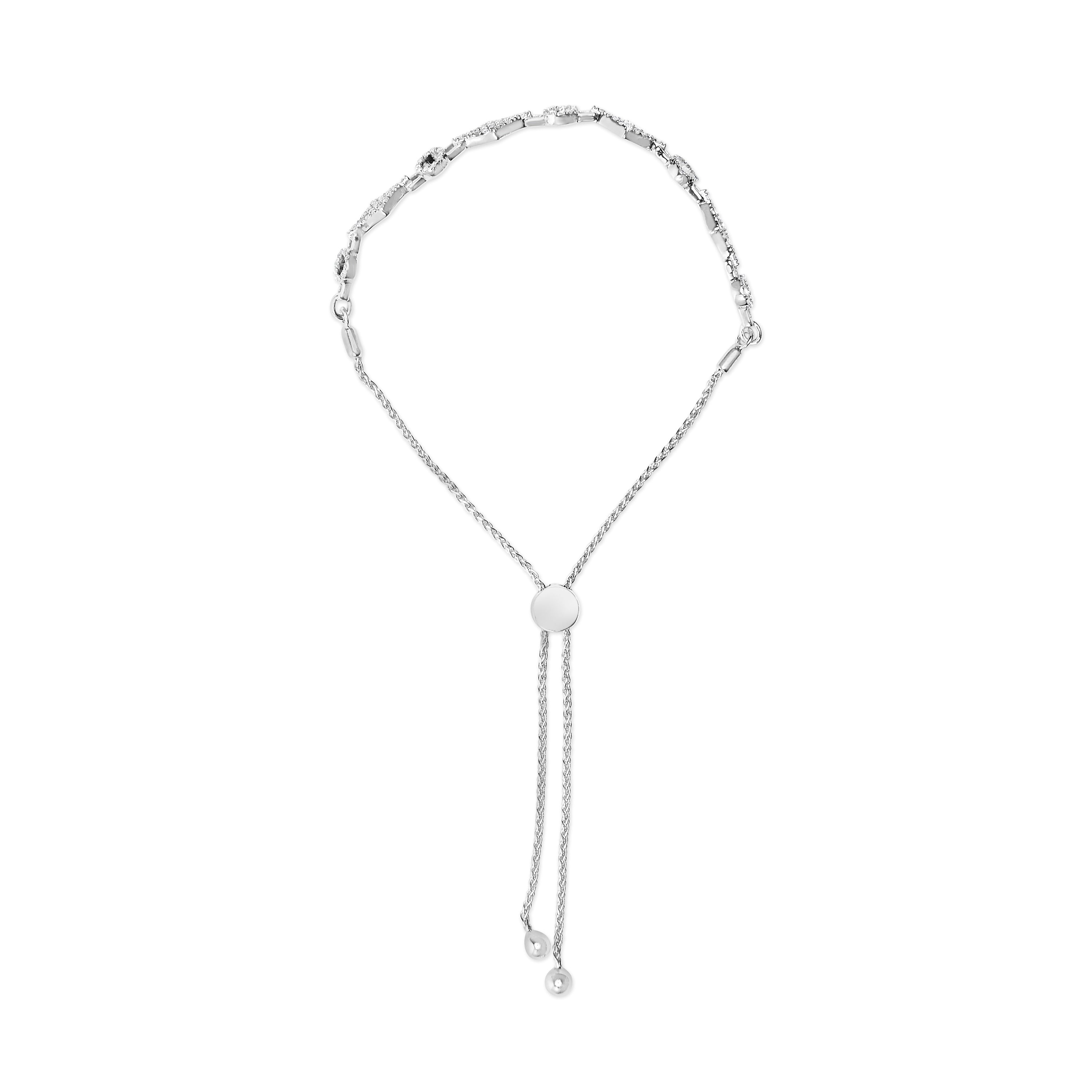 .925 Sterling Silver 1/2 Carat Total Weight Diamond Alternating Circle and Kite Link Adjustable Bolo Bracelet (I-J Color, I3 Clarity) - 4" to 10" Inches