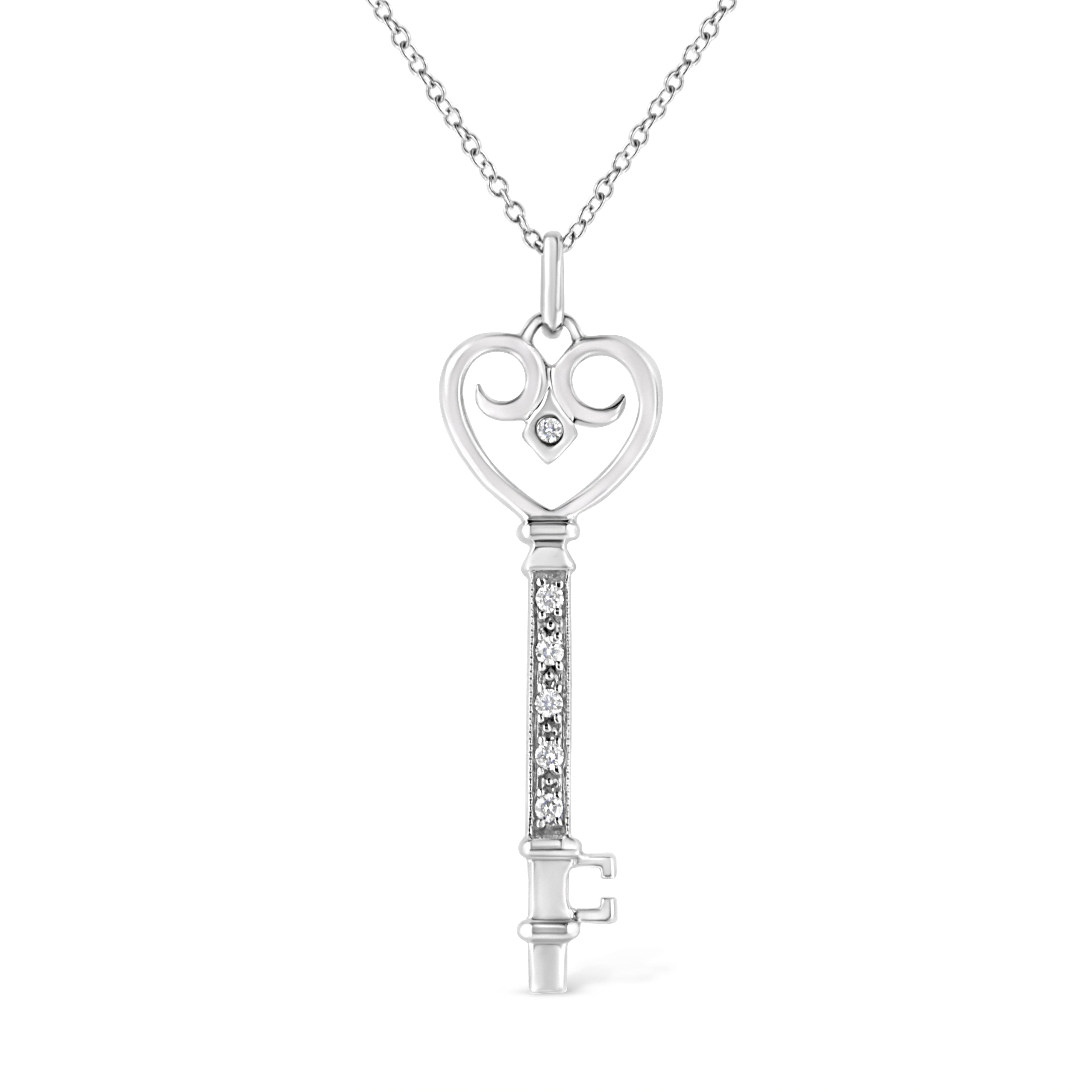 .925 Sterling Silver Pavé and Bezel-Set Diamond Accent Key 18" Heart and Lock Pendant Necklace (K-L Color, I1-I2 Clarity)