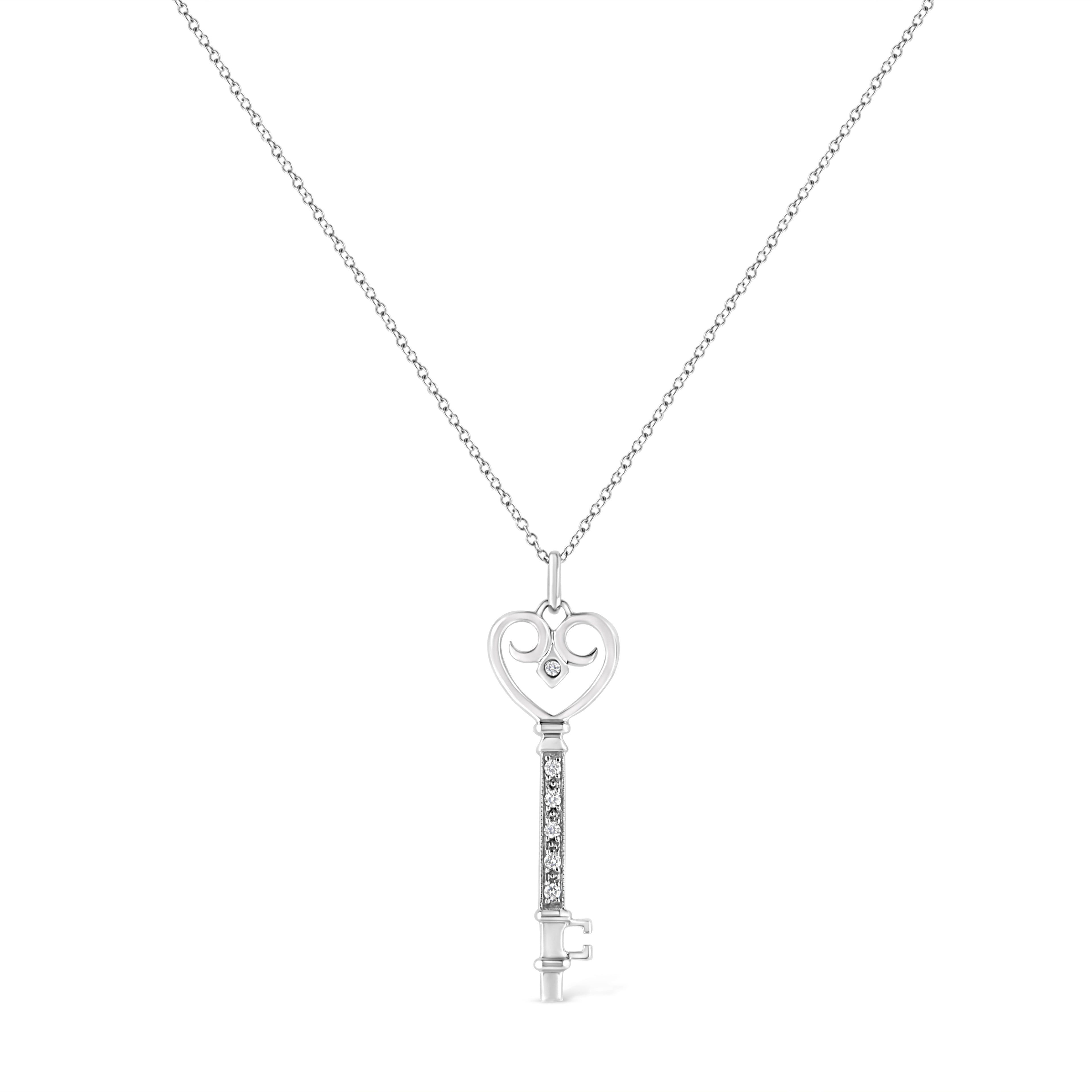 .925 Sterling Silver Pavé and Bezel-Set Diamond Accent Key 18" Heart and Lock Pendant Necklace (K-L Color, I1-I2 Clarity)