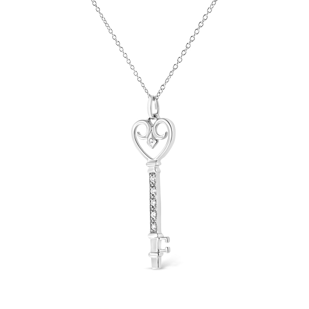 .925 Sterling Silver Pavé and Bezel-Set Diamond Accent Key 18" Heart and Lock Pendant Necklace (K-L Color, I1-I2 Clarity)