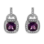 .925 Sterling Silver 8MM Natural Cushion Shaped Amethyst and Diamond Accent Halo with Push Back Dangle Earrings (I-J Color, I2-I3 Clarity)