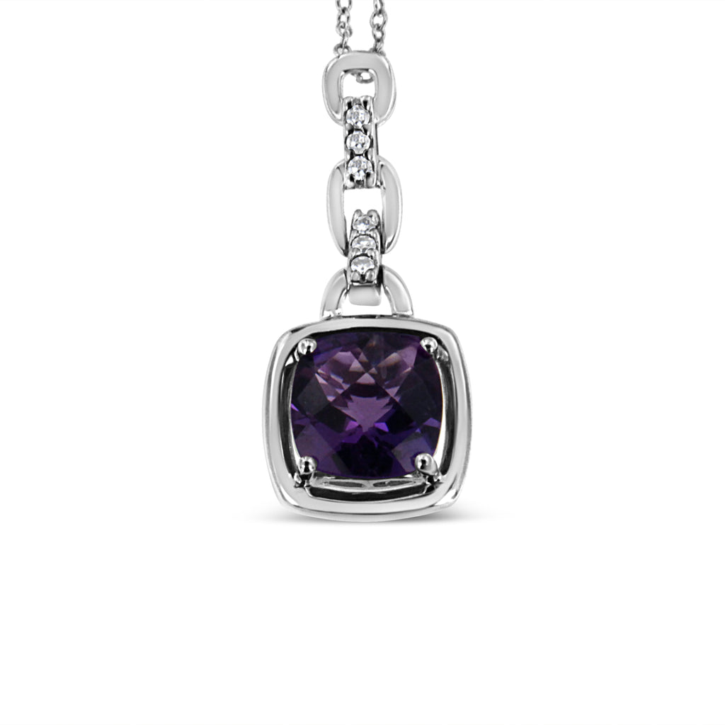 .925 Sterling Silver 6x6MM Cushion Shaped Natural Purple Amethyst and Diamond Accented Bail 18" Inch Pendant Necklace (I-J Color, I1-I2 Clarity)