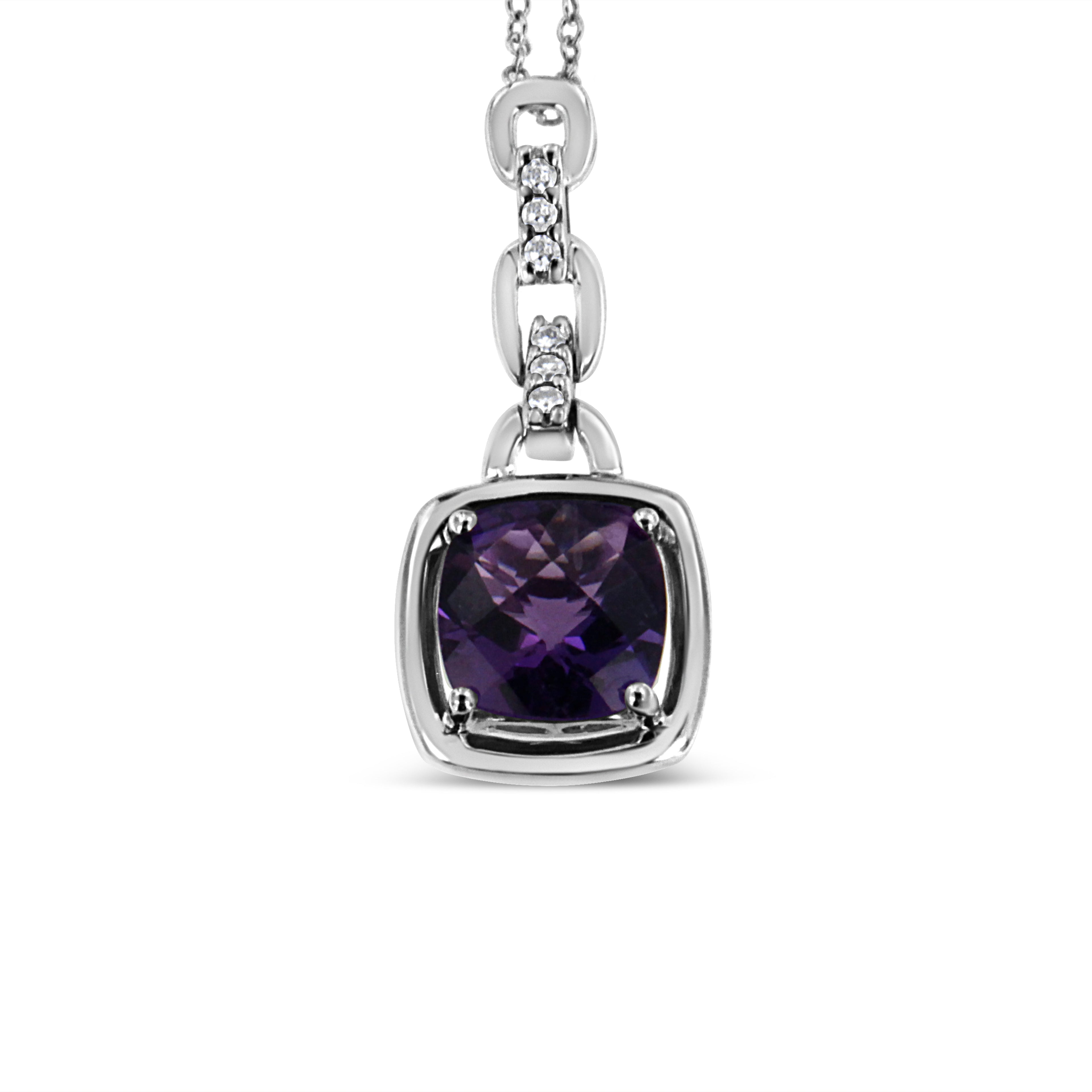 .925 Sterling Silver 6x6MM Cushion Shaped Natural Purple Amethyst and Diamond Accented Bail 18" Inch Pendant Necklace (I-J Color, I1-I2 Clarity)