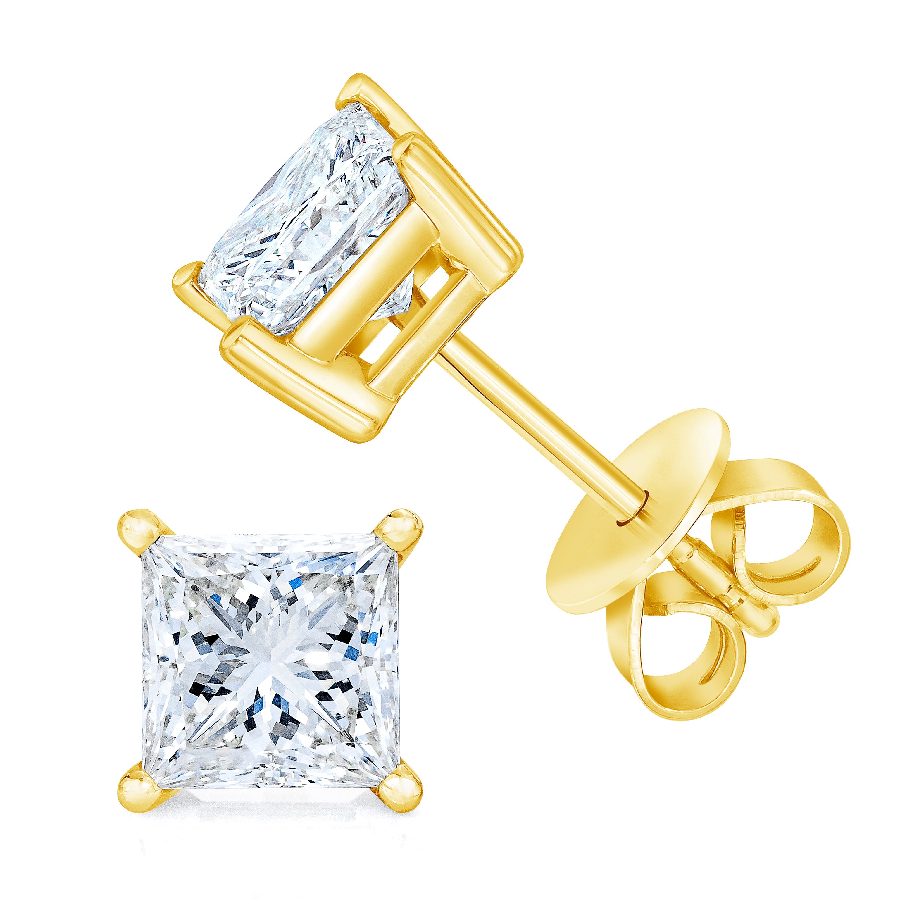 14K Yellow Gold 1.00 Carat Total Weight Princess-Cut Square Near Colorless Diamond Classic 4-Prong Solitaire Stud Earrings (J-K Color, I1-I2 Clarity)