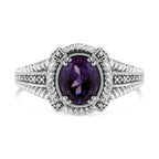 .925 Sterling Silver Prong Set Natural Oval Shape 9X7 MM Purple Amethyst Solitaire and Diamond Accent Ring (I-J Color, I1-I2 Clarity) - Ring Size 7
