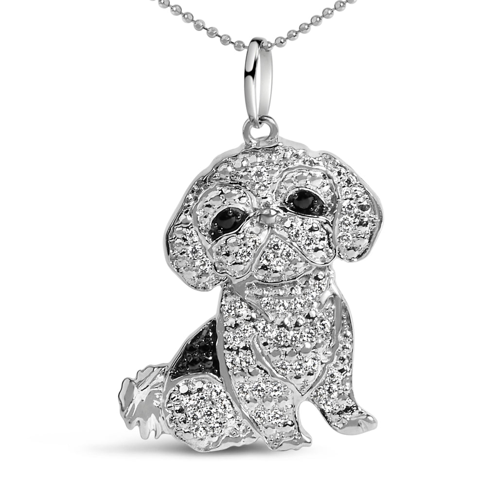 .925 Sterling Silver 1/2 Carat Total Weight White and Black Diamond Shih Tzu Dog 18" Pendant Necklace (I-J Color, I2-I3 Clarity)