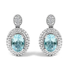.925 Sterling Silver Diamond Accent and Oval Blue Topaz with Beaded Halo Drop Stud Earrings (I-J color, I1-I2 Clarity)