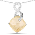 8.81 Carat Genuine Golden Rutile and White Diamond .925 Sterling Silver Pendant