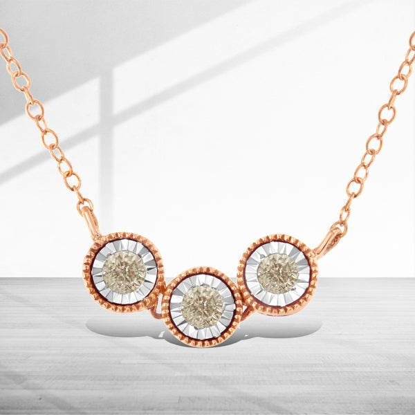 10K Rose and White Gold Plated .925 Sterling Silver 1/4 Carat Total Weight Miracle-Set Champagne Diamond Triple Circle 18" Necklace (I2-I3 Clarity)