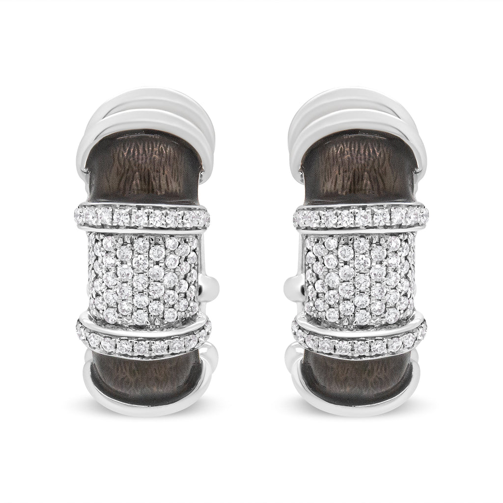 18K White Gold Flash Plated .925 Sterling Silver Clear Graphite Grey Enamel 5/8 Carat Total Weight Round Diamonds Huggie Hoop Earrings (F-G Color, VS1-VS2 Clarity)