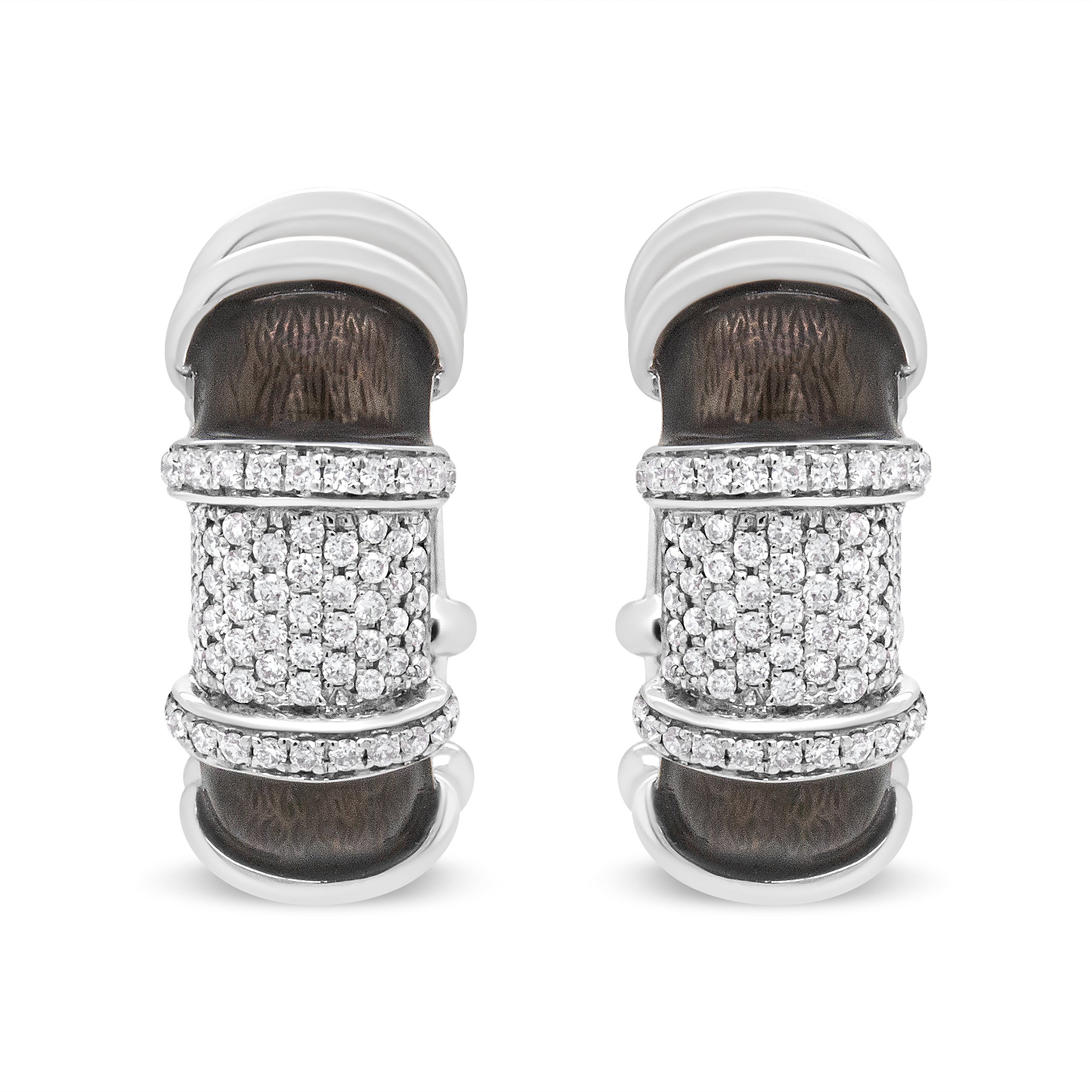 18K White Gold Flash Plated .925 Sterling Silver Clear Graphite Grey Enamel 5/8 Carat Total Weight Round Diamonds Huggie Hoop Earrings (F-G Color, VS1-VS2 Clarity)