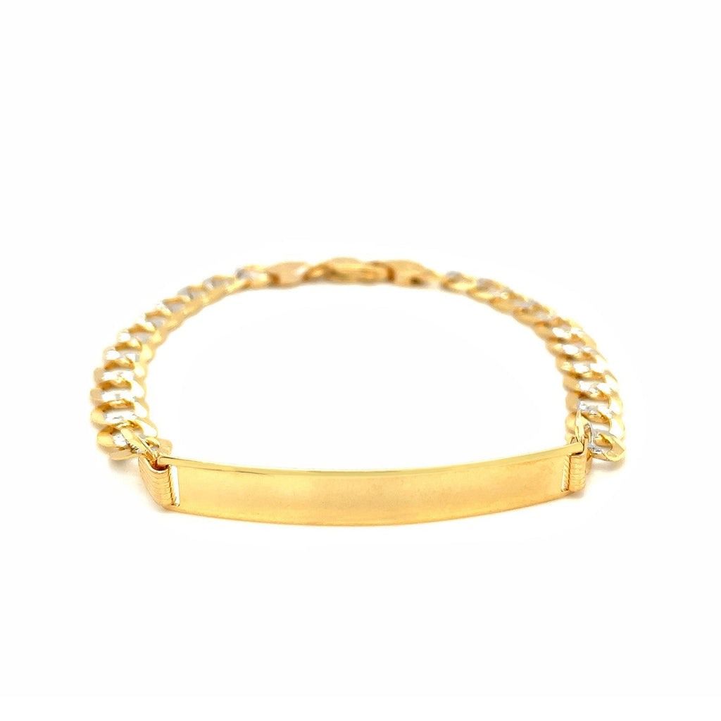 14k Two-Tone Gold 8 1/2 inch Men's Narrow Curb Chain ID Bracelet with White Pave