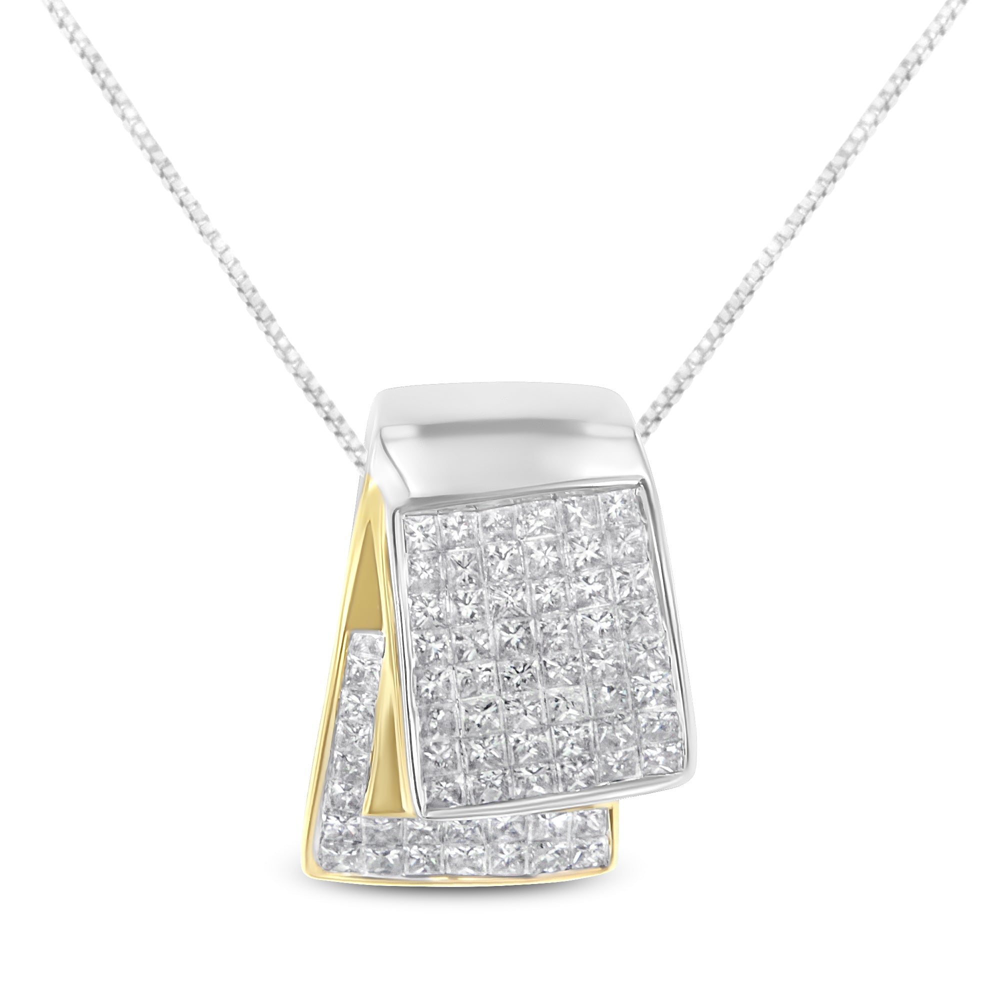 14K White and Yellow Gold 2.0 Cttw Princess Cut Diamond Two Tone Foldover Box Pendant 18" Box Chain Necklace (H-I Color, SI1-SI2 Clarity)