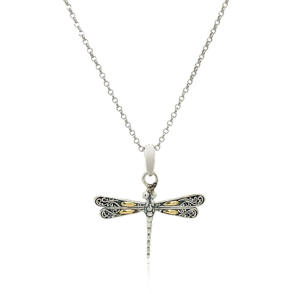 18k Yellow Gold and Sterling Silver Dragonfly Design Pendant