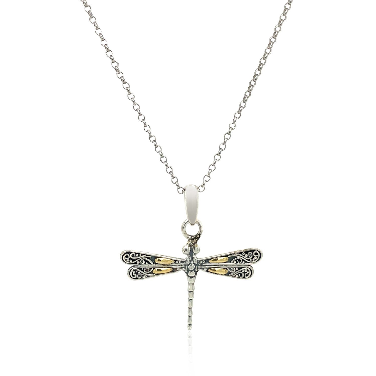 18k Yellow Gold and Sterling Silver Dragonfly Design Pendant