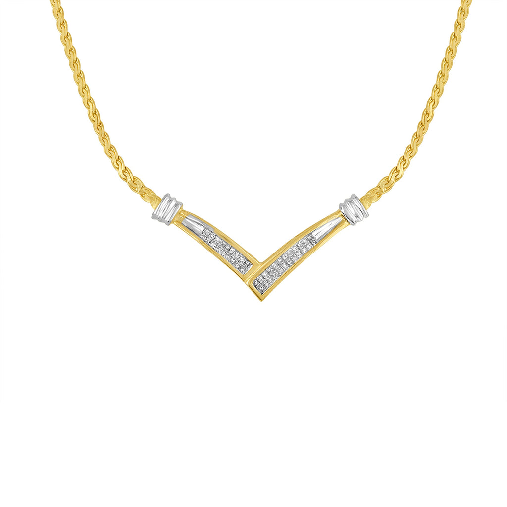 10K Yellow and White Gold 1/2 Cttw Princess Cut Diamond Channel-Set "V" Shape 18" Franco Chain Necklace (H-I Color, SI2-I1 Clarity)