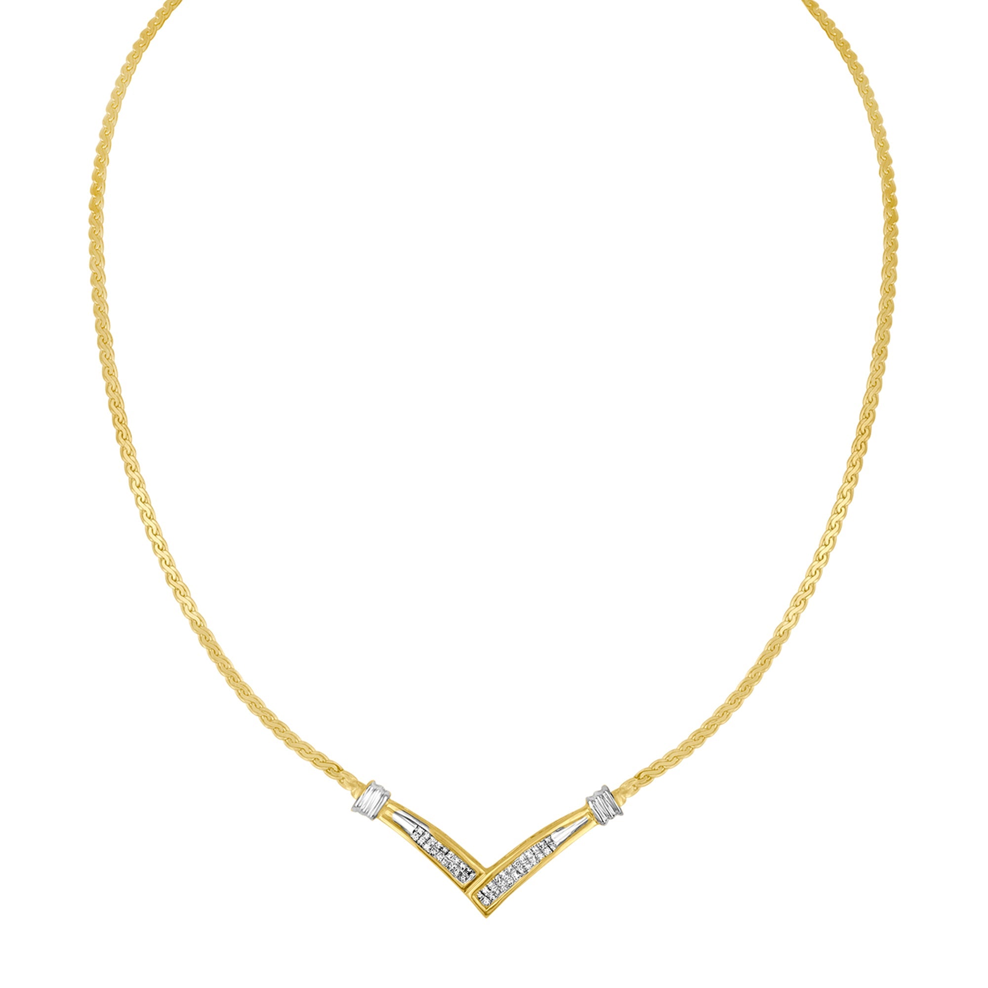 10K Yellow and White Gold 1/2 Cttw Princess Cut Diamond Channel-Set "V" Shape 18" Franco Chain Necklace (H-I Color, SI2-I1 Clarity)