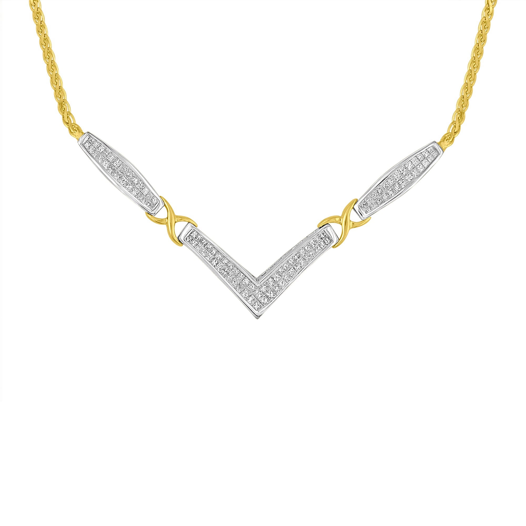 14K Yellow and White Gold 2.0 Cttw Princess Cut Diamond Flared and X-Station V Shaped 18" Franco Chain Statement Necklace (H-I Color, SI2-I1 Clarity)