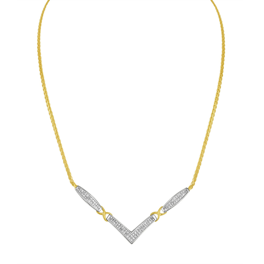 14K Yellow and White Gold 2.0 Cttw Princess Cut Diamond Flared and X-Station V Shaped 18" Franco Chain Statement Necklace (H-I Color, SI2-I1 Clarity)