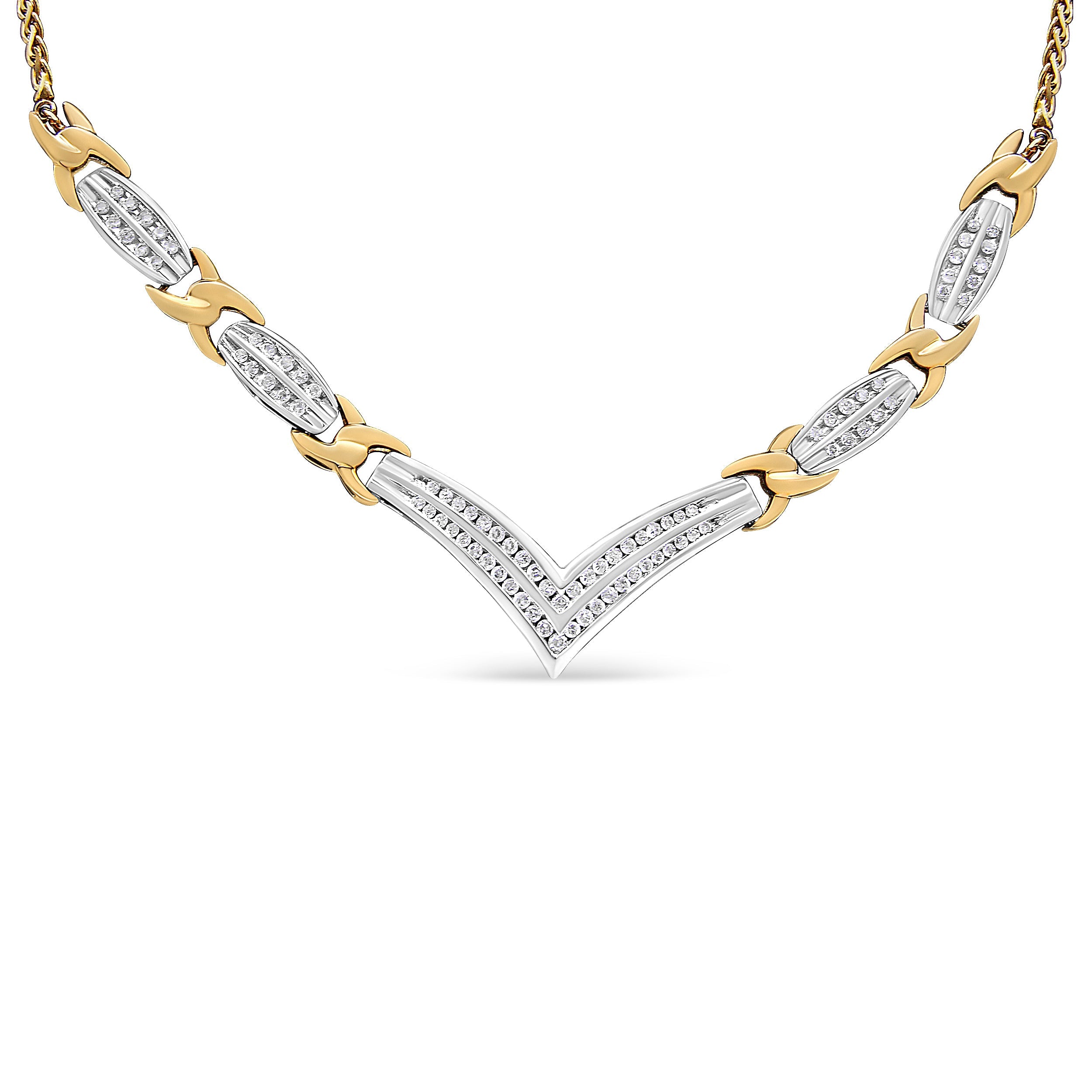 10K Yellow and White Gold 1.0 Cttw Round and Princess Cut Diamond "V" Shape Statement Necklace (I-J Color, I1-I2 Clarity)